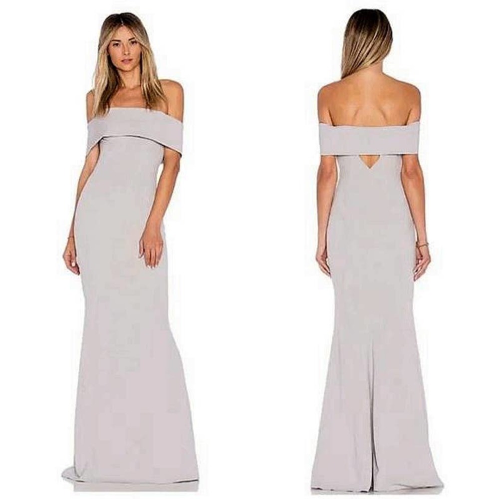 KATIE MAY Size 6 Legacy Off Shoulder Formal Evening Maxi Gown Dress In Dove Gray